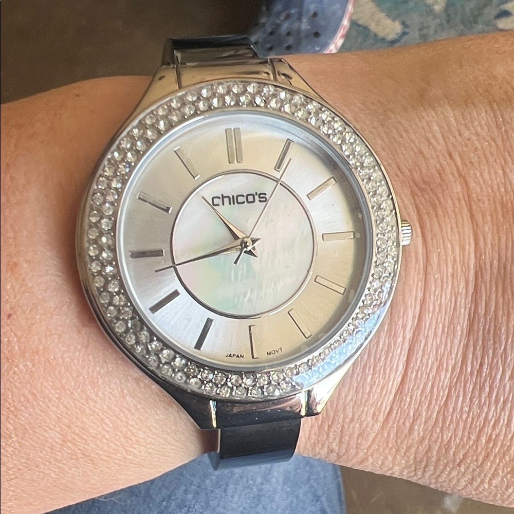 Chico's Silver-Tone Cuff Watch with Black Accent